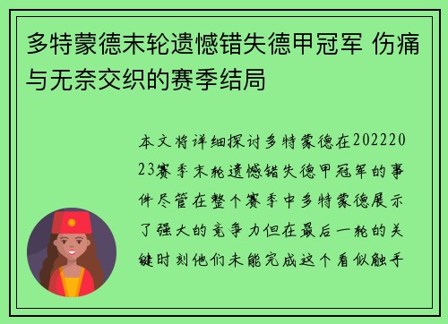 多特蒙德末轮遗憾错失德甲冠军 伤痛与无奈交织的赛季结局
